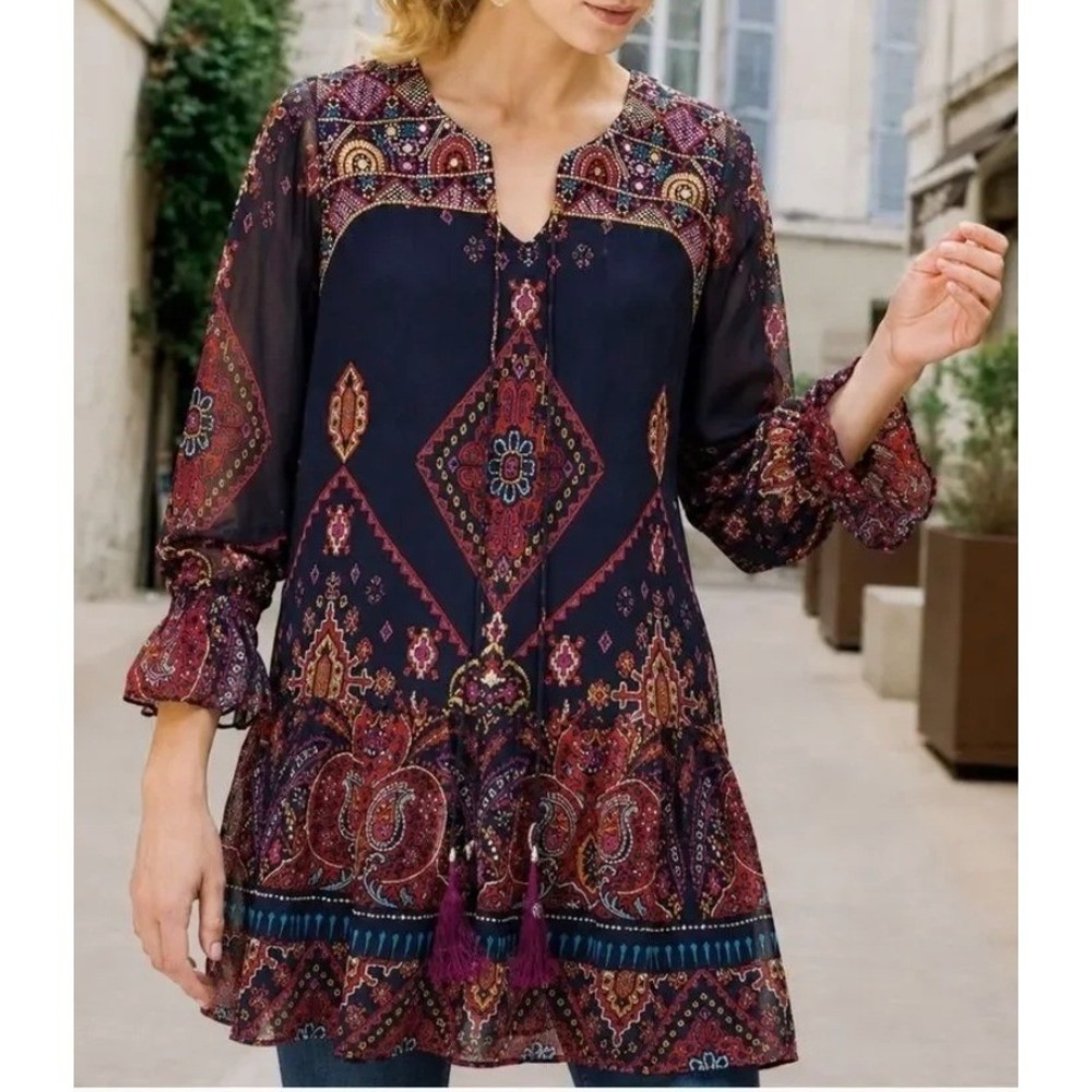 Bohemian Soft Surroundings Iskra Embroidered Mirror Tassel‎ Tunic Top NWOT SZ: M